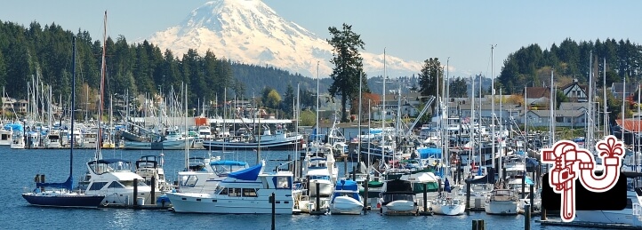 Gig Harbor, WA, an image of the harbor with large boats on the water, docked boats behind them, and a heavy treeline in the background